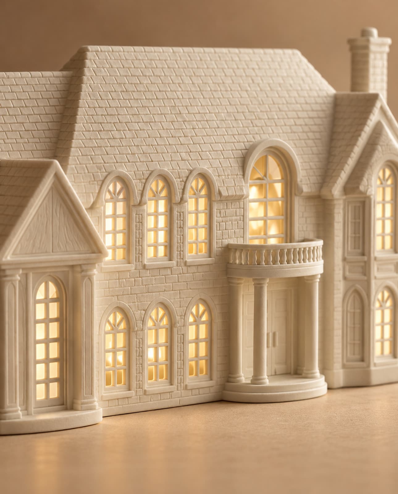 Close view of a white house sculpture's matte finish, brick detail, arched windows and balcony, lit from inside