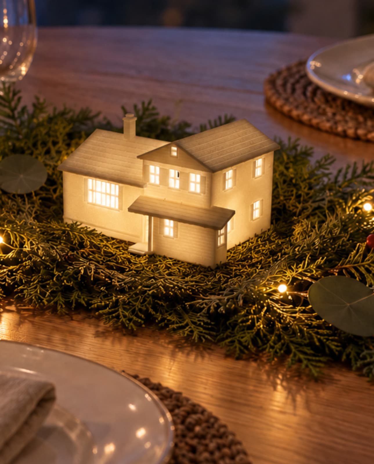 One white house sculpture glowing from inside in a pine garland with warm lights on a dining table
