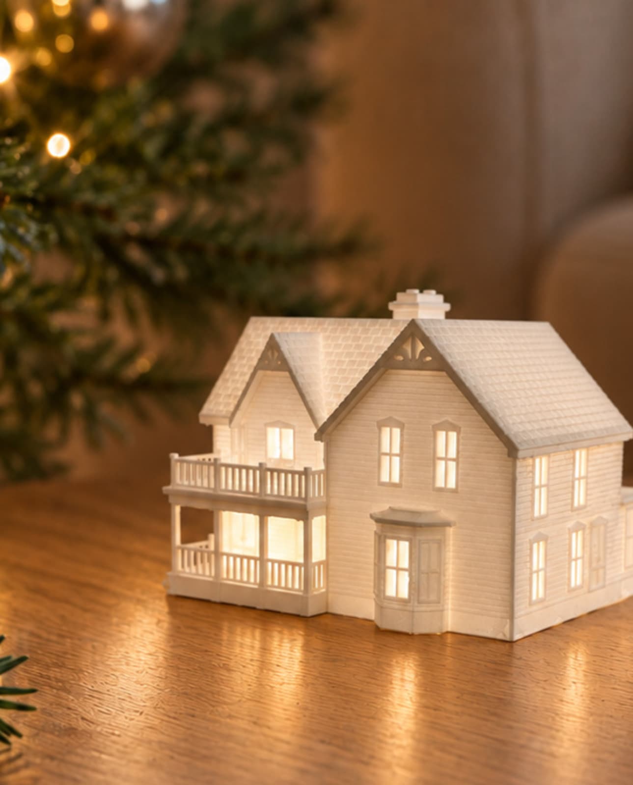 One white house sculpture with a wraparound porch glowing from inside on a side table beside a lit Christmas tree