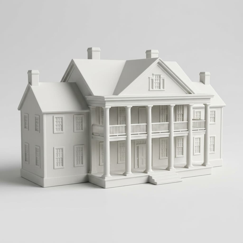 A wedding venue sculpted from a single photograph, in matte engineered ceramic.