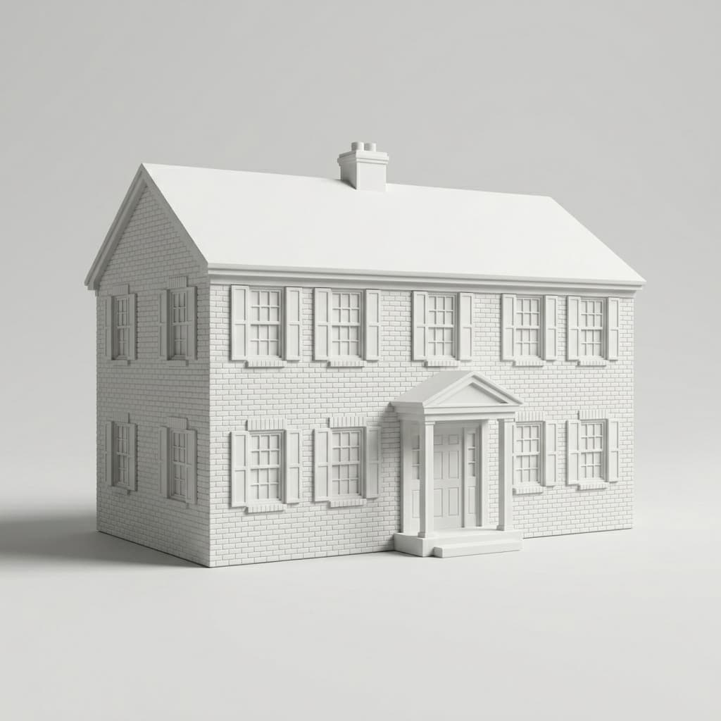 The front of a house, from one straight-on photo, in matte engineered ceramic.