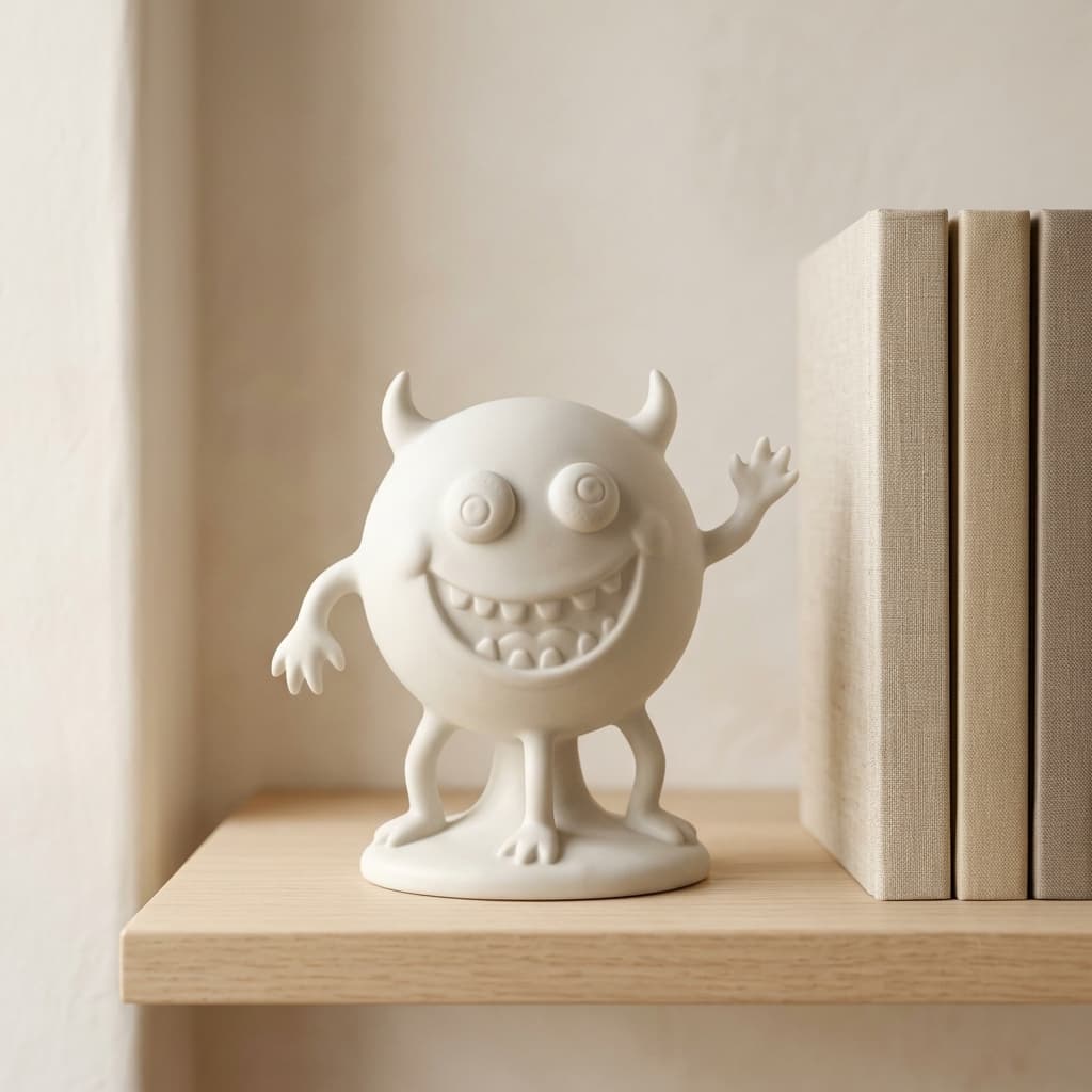 A child's drawing, exactly as drawn, as a small stone-white sculpture.