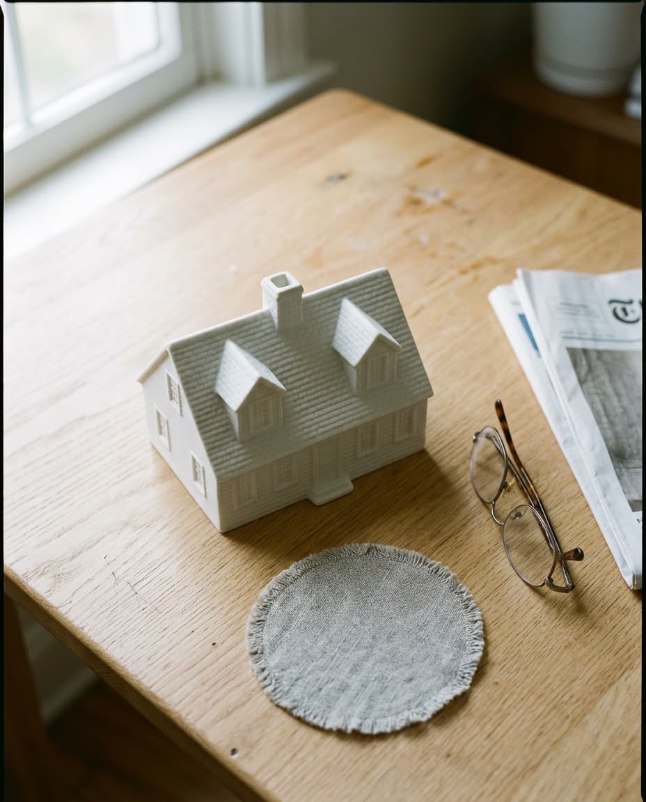 A house from one photograph, sculpted, on the shelf it was made for.