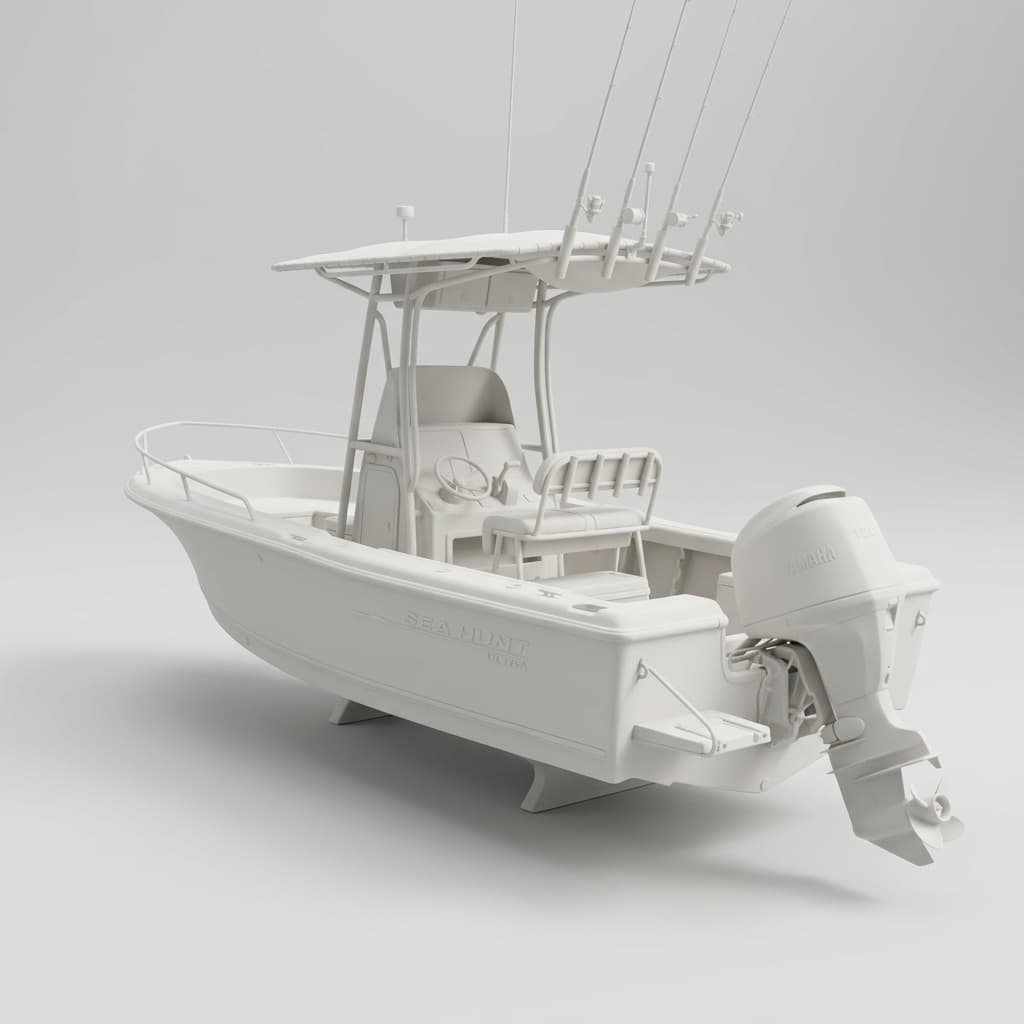 A boat sculpted from one photograph, in matte engineered ceramic.