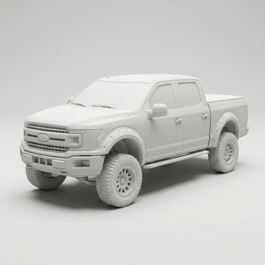 A car sculpted from a single photograph, in matte engineered ceramic.