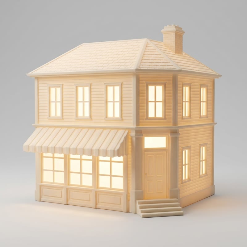 A free preview: a white two-story corner shop village piece with an awning, lit from inside
