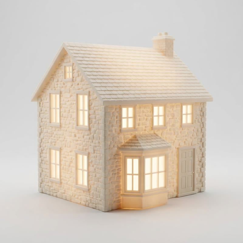 A free preview: a white stone bakery village piece with a bay window, lit from inside