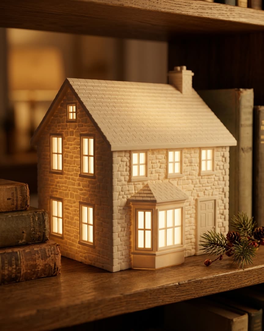 A white stone bakery village piece with a bay window, lit from inside on a bookshelf