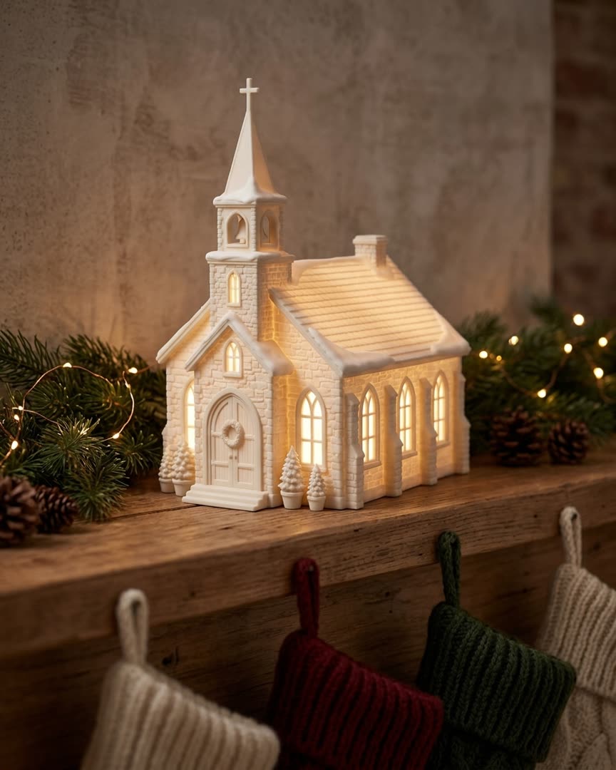 A white village church with a steeple, lit from inside on a mantel above Christmas stockings