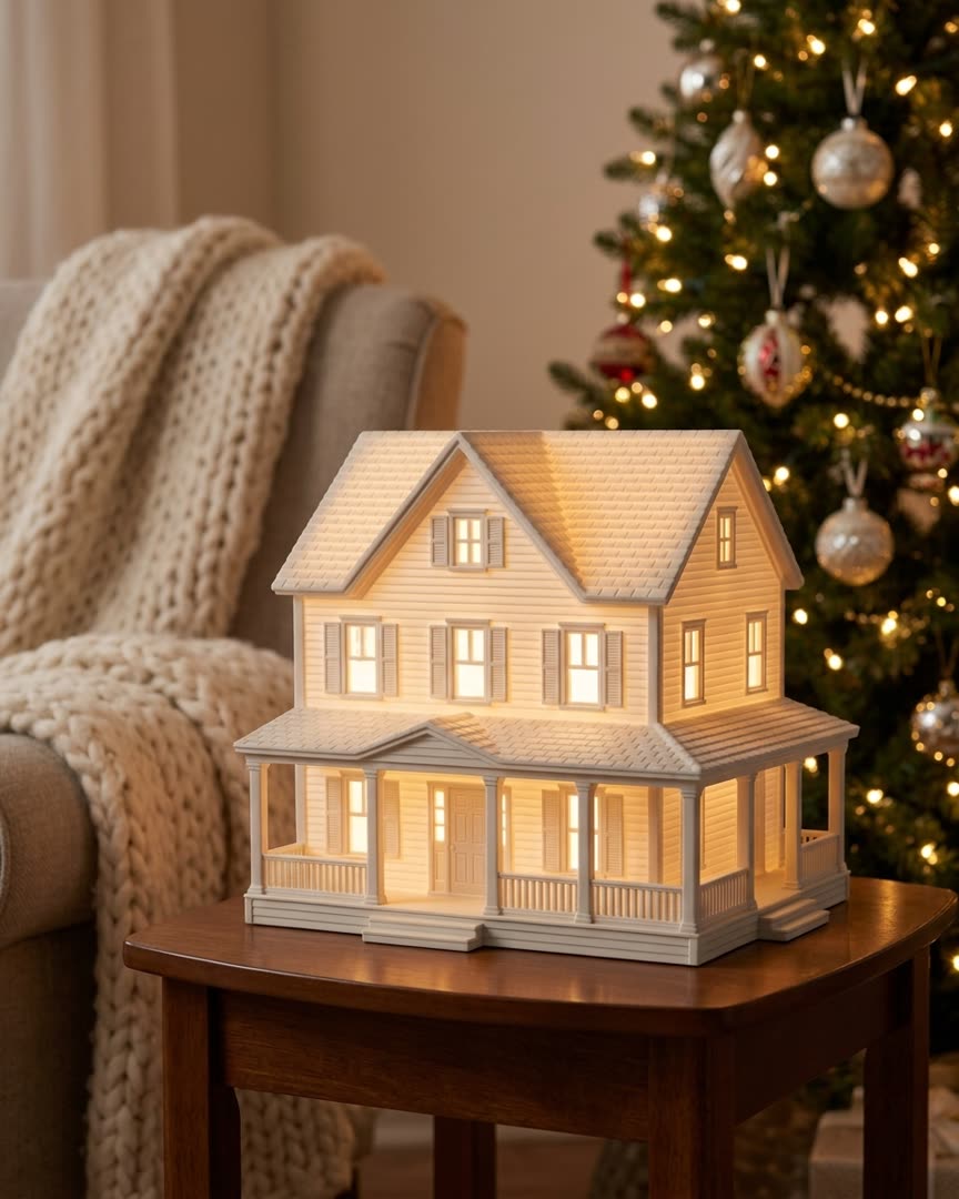 A white farmhouse village piece lit from inside on a side table beside a Christmas tree