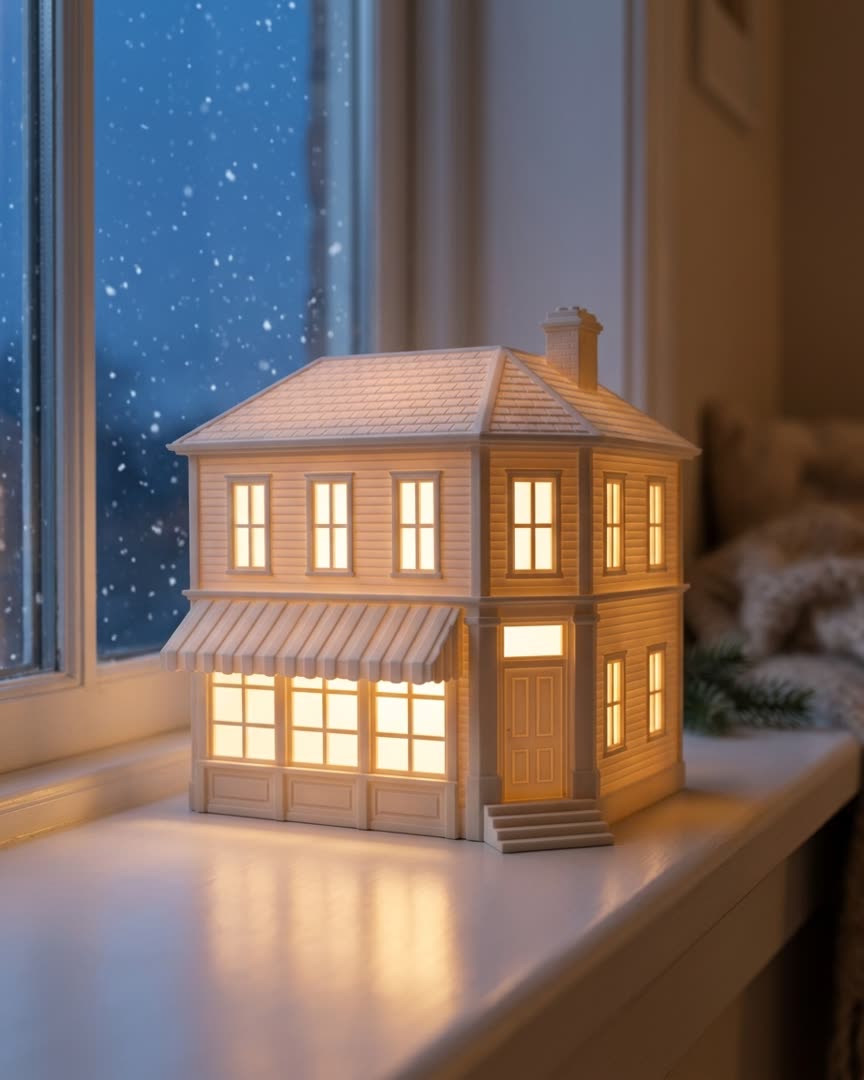 A white corner shop village piece with an awning, lit from inside on a snowy windowsill