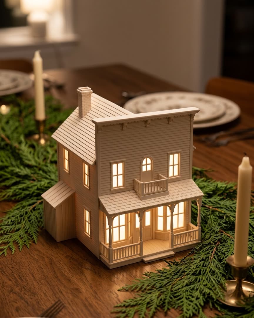 A white general store village piece with a porch, lit from inside on a holiday table