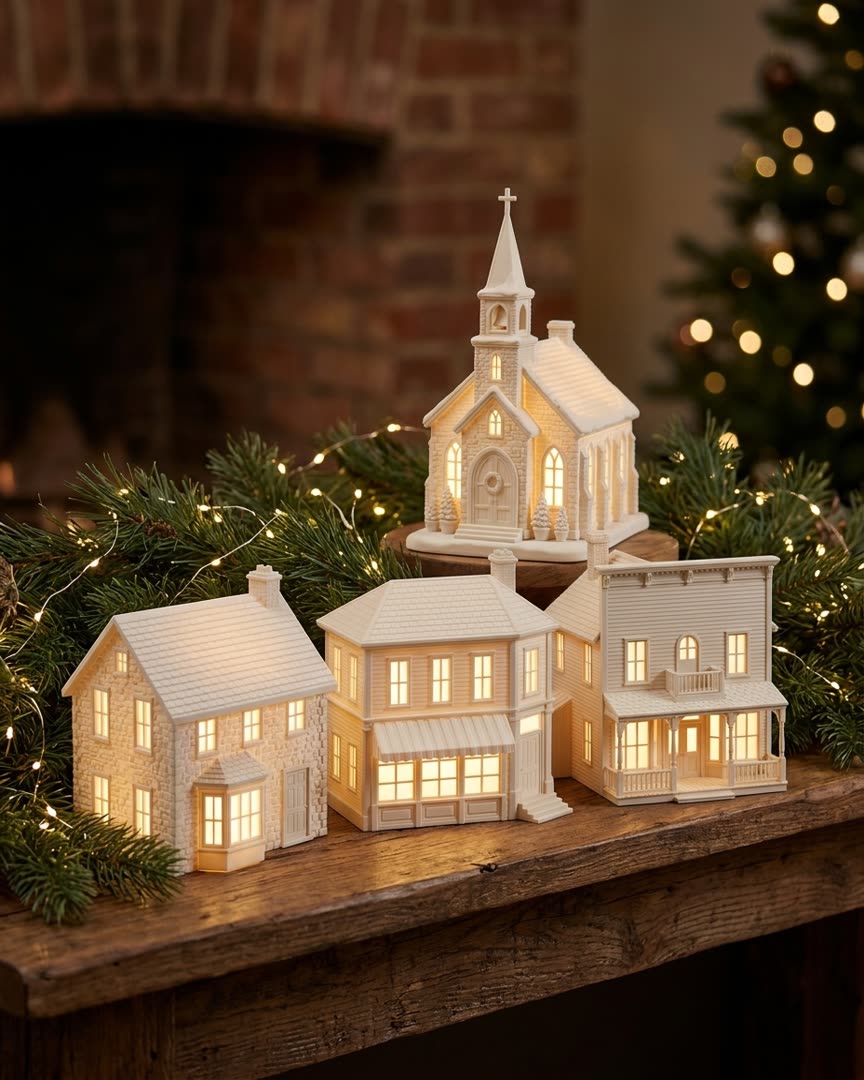 Four white village buildings, a church and three shops, lit from inside together on a mantel