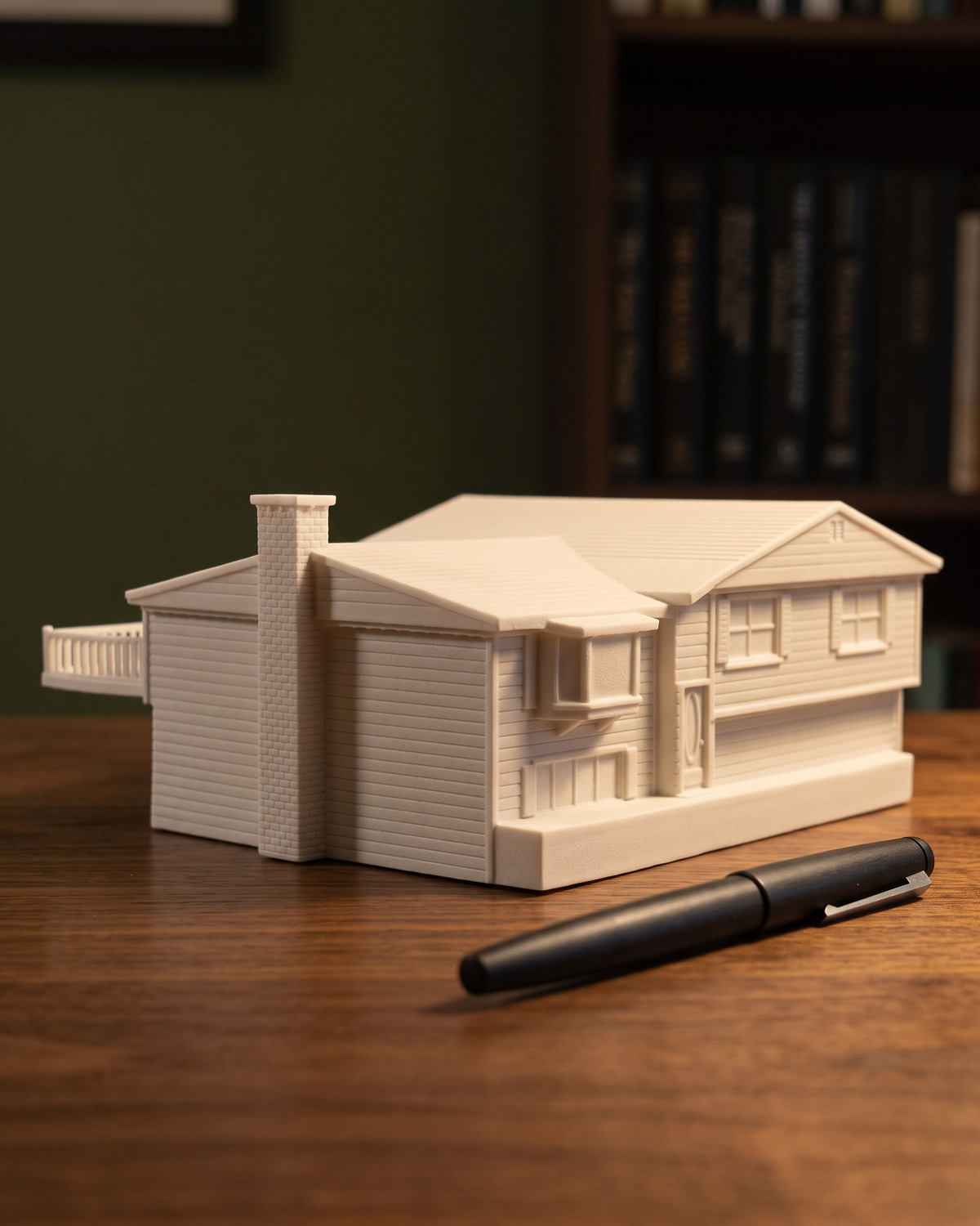 A finished white split level house piece on a walnut desk in front of a bookshelf, in a generated picture
