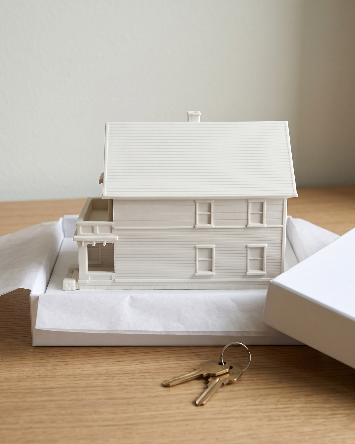 A finished two story house piece in an open gift box lined with tissue, with house keys beside it, in a generated picture