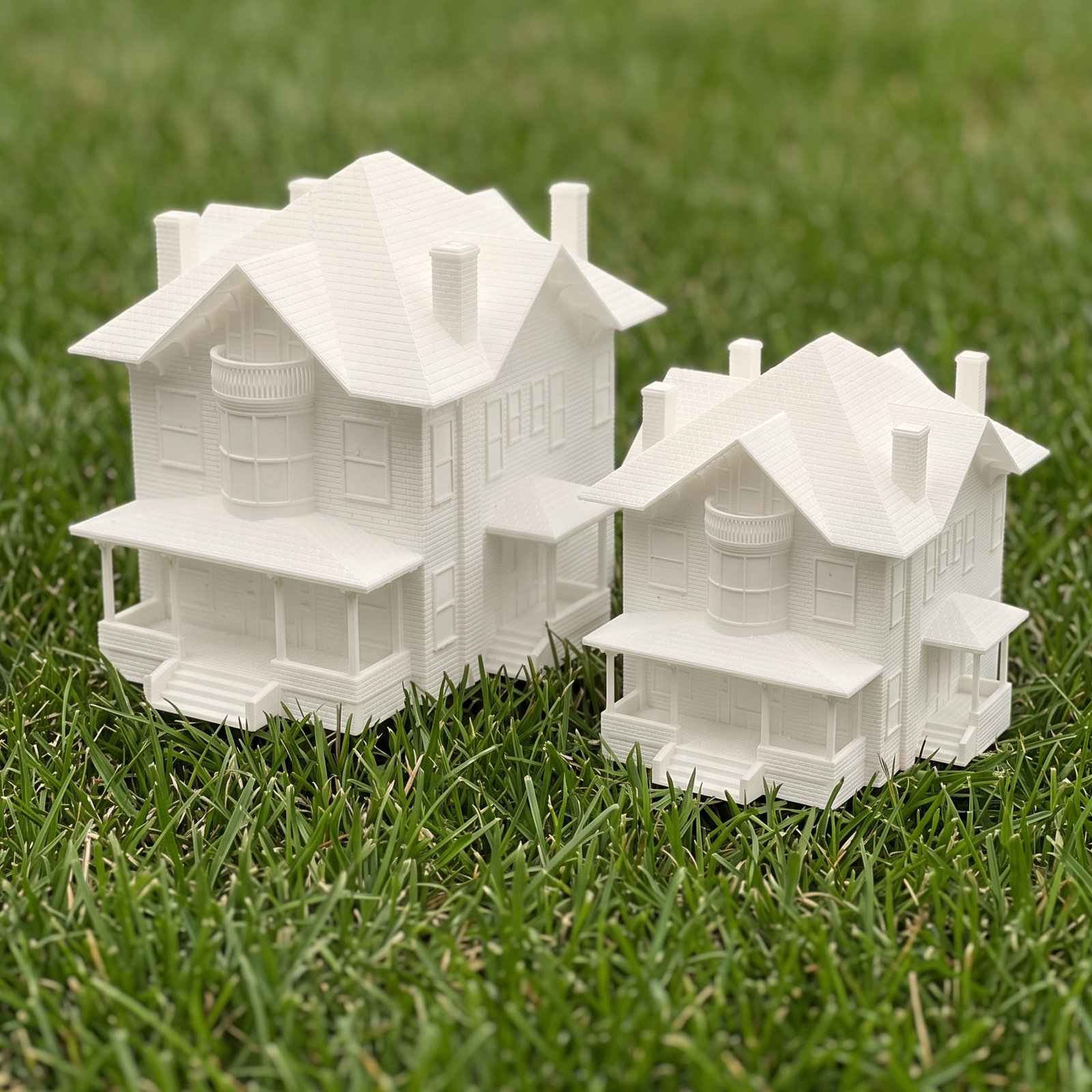 Two finished Victorian house pieces in two sizes standing in green grass