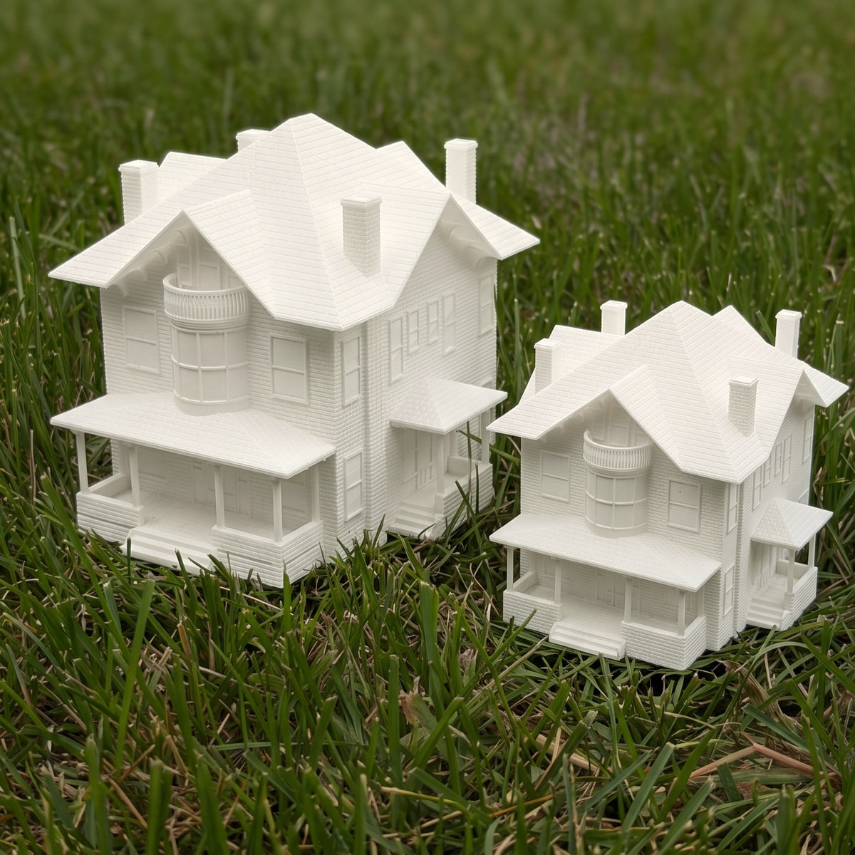 Two finished Victorian house keepsakes in two sizes standing in green grass