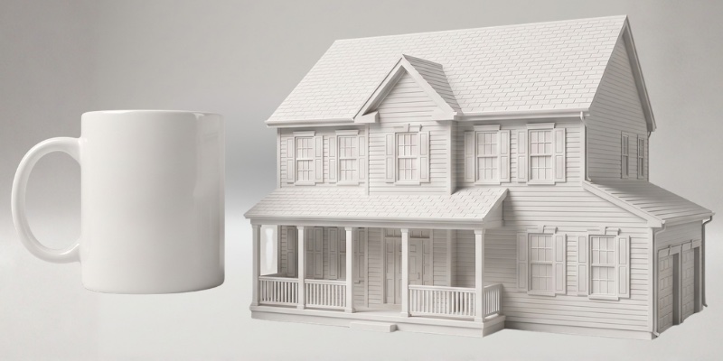 The grand matte white house keepsake next to a coffee mug for scale