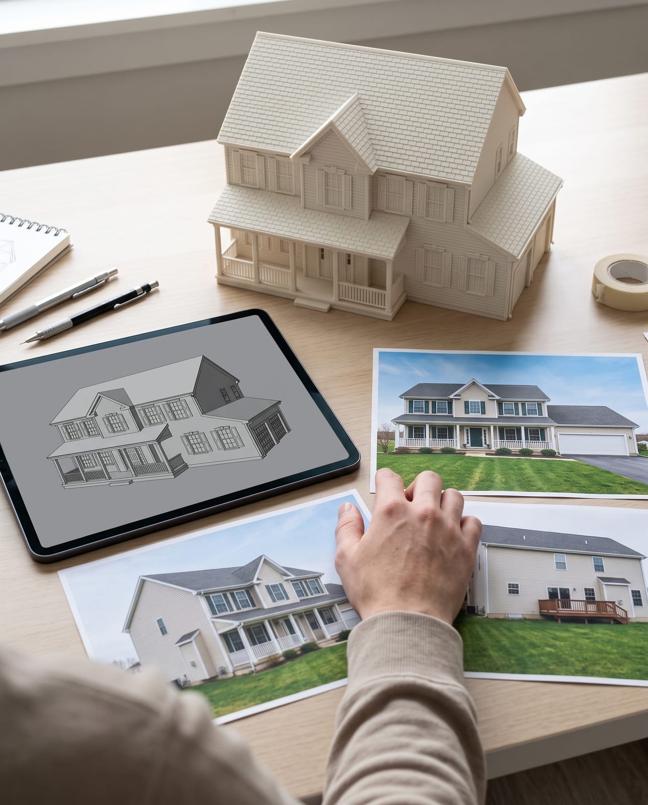 A designer checking a 3D model of a house against its photos