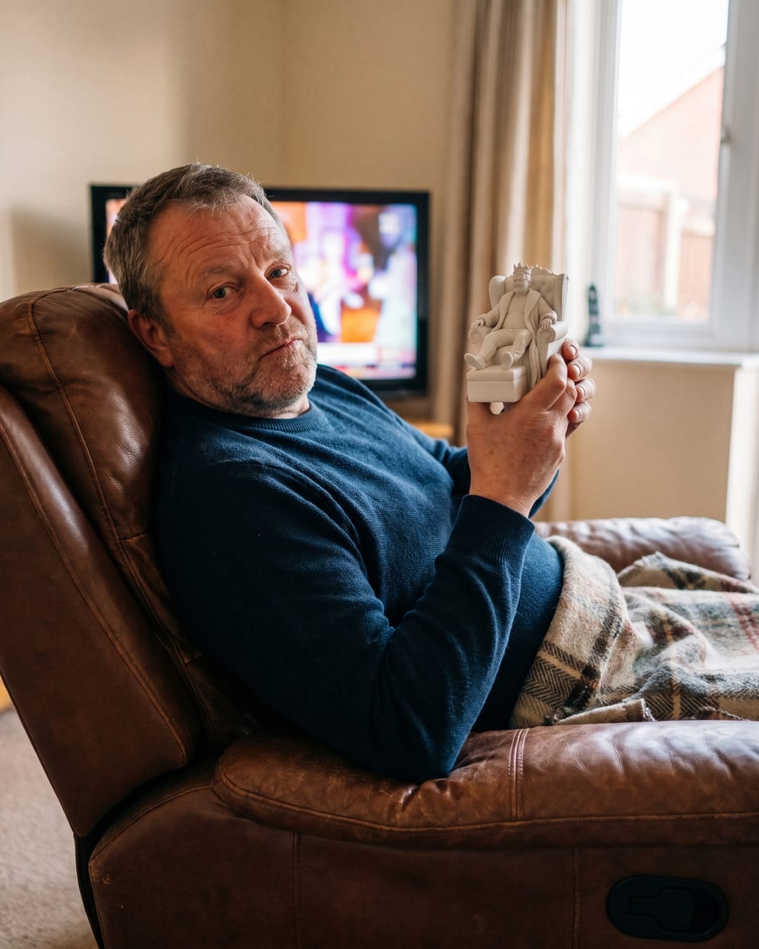 A man in his recliner holding a recliner throne statue of himself