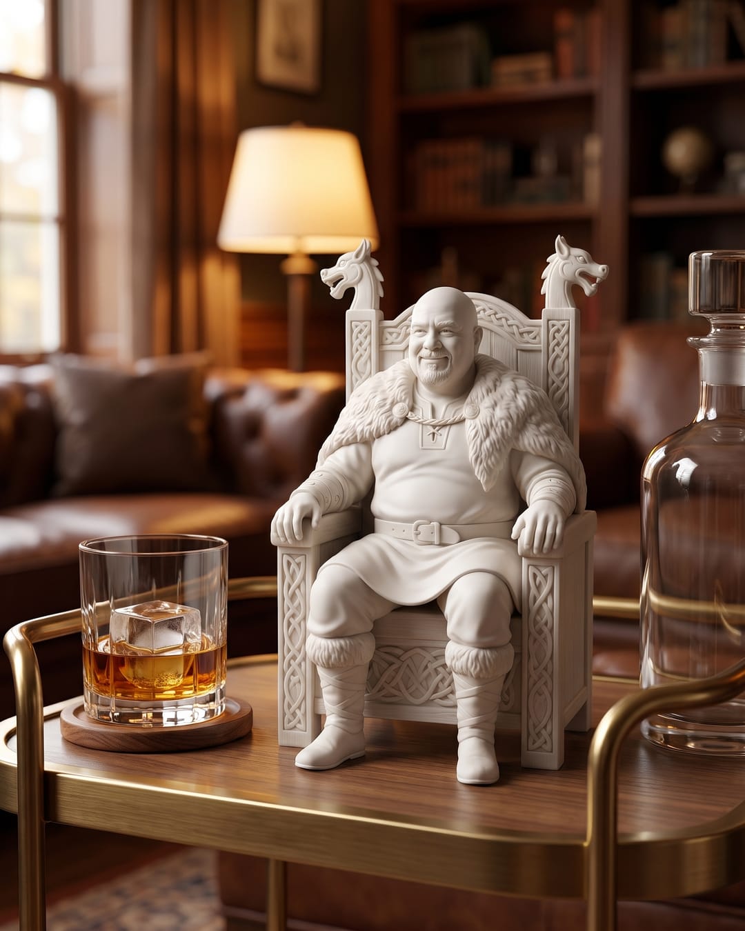 A throne statue on a bar cart