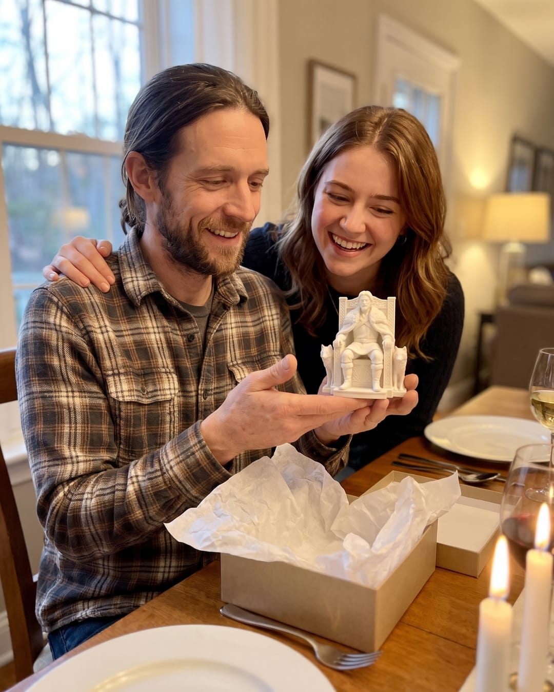 A man and his daughter at a birthday dinner, looking at his throne statue