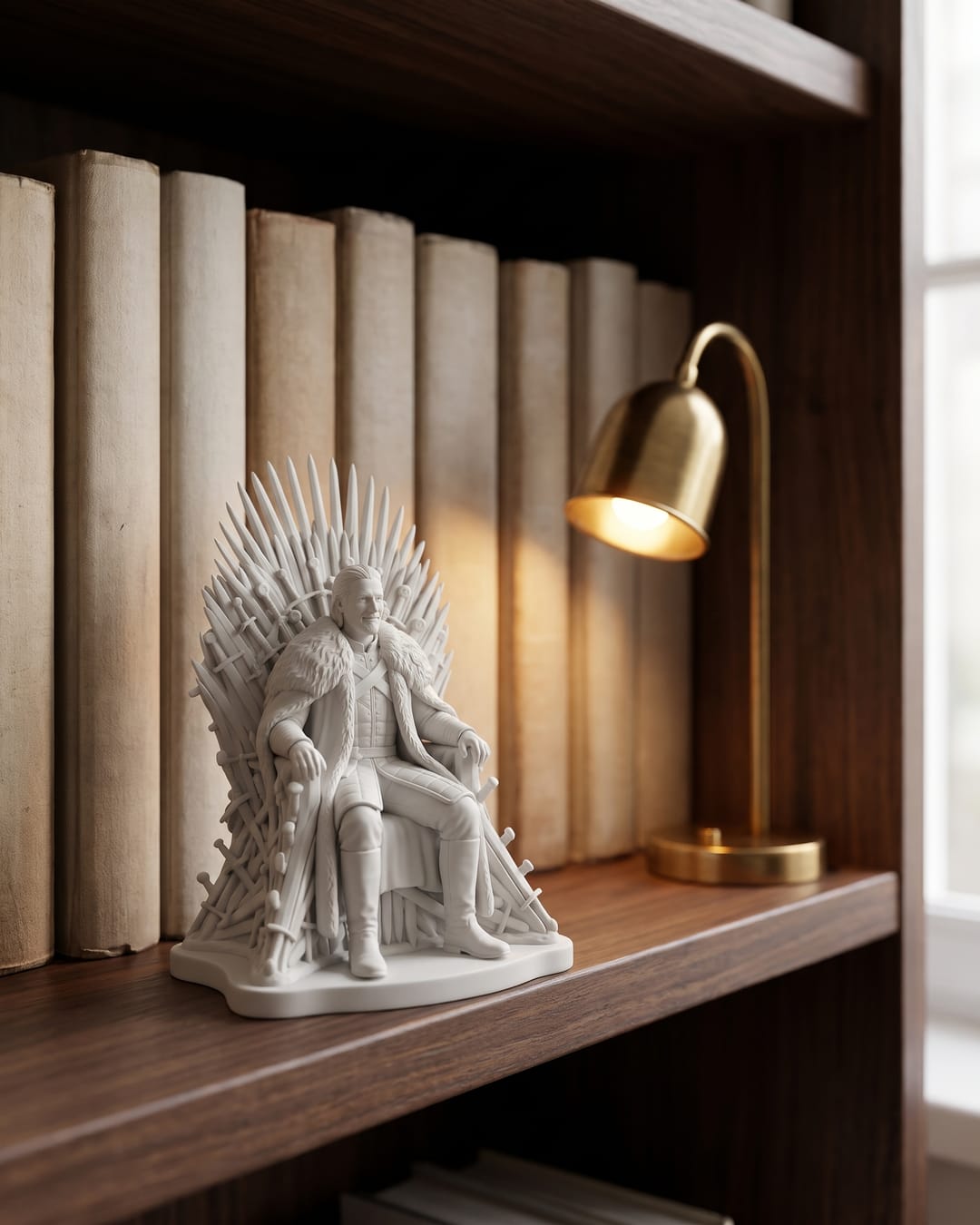 A throne statue on a bookshelf
