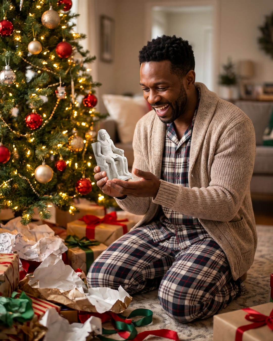 A man by the Christmas tree holding a throne statue he just unwrapped