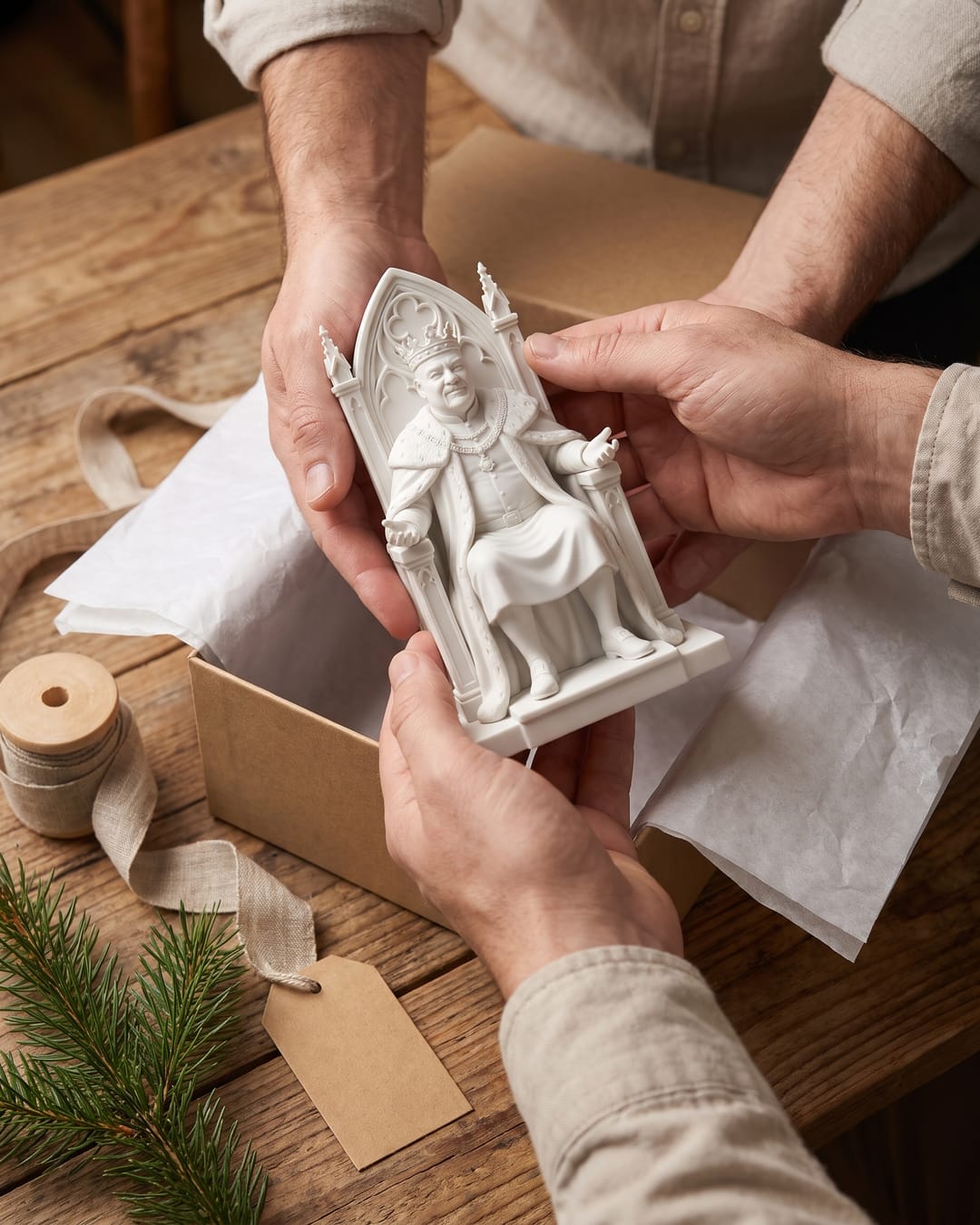 Hands placing a throne statue in a gift box