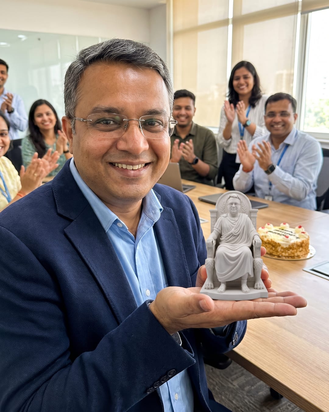 A man at his retirement party holding a throne statue in his palm