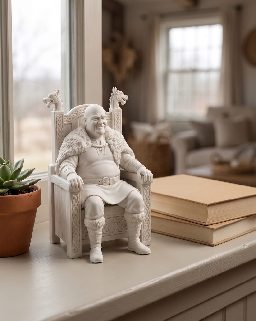 A throne statue on a windowsill